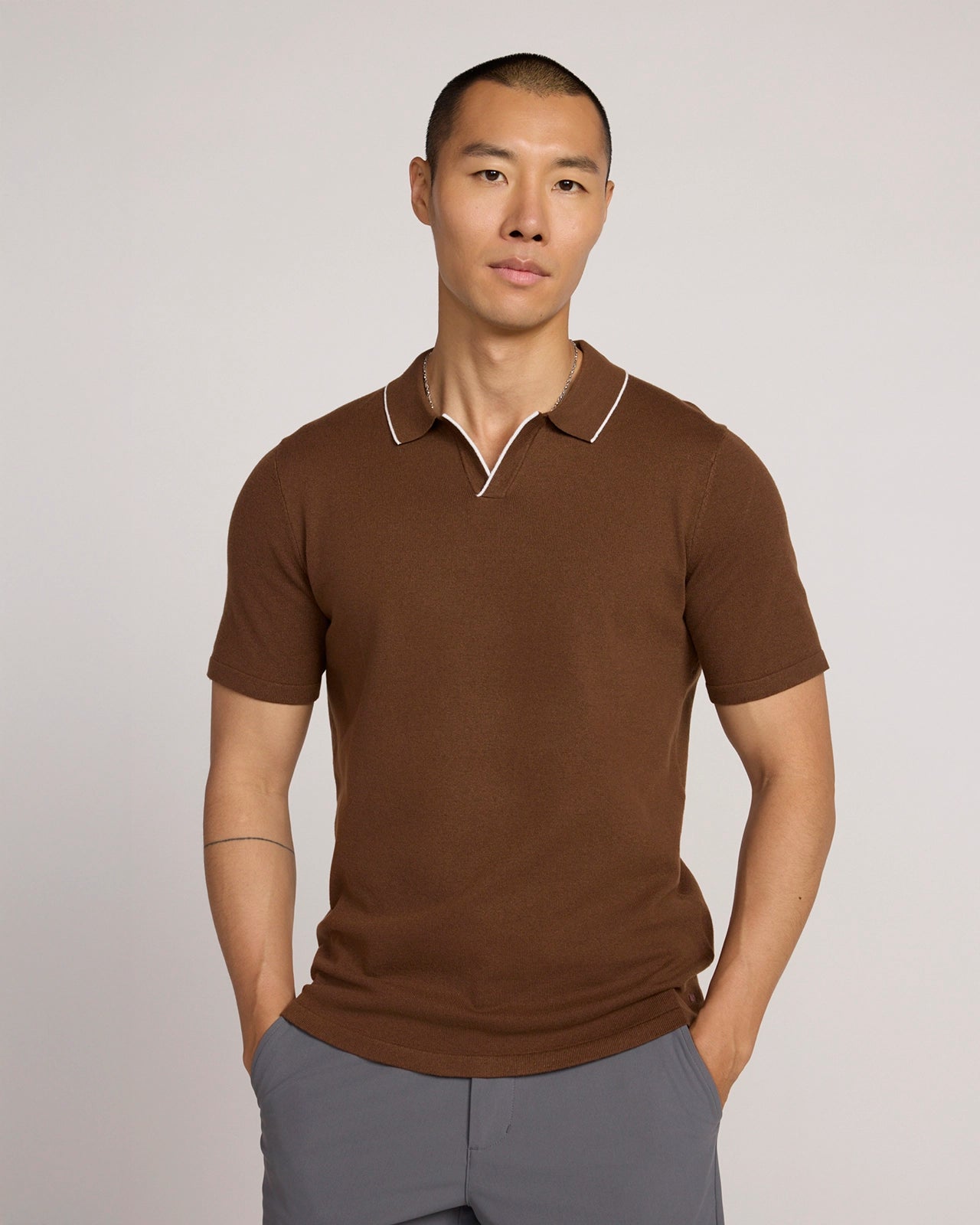The Soft Luxe Johnny Collar Sweater Polo - Brown