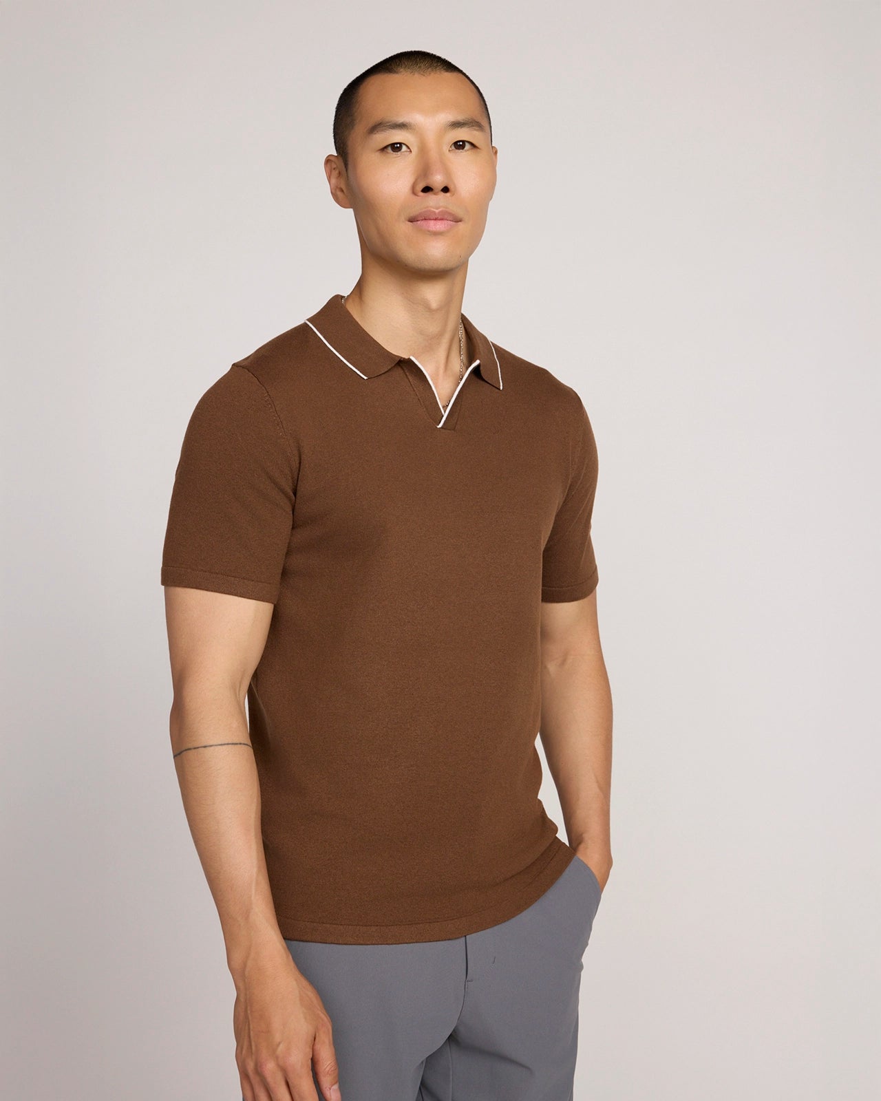 The Soft Luxe Johnny Collar Sweater Polo - Brown