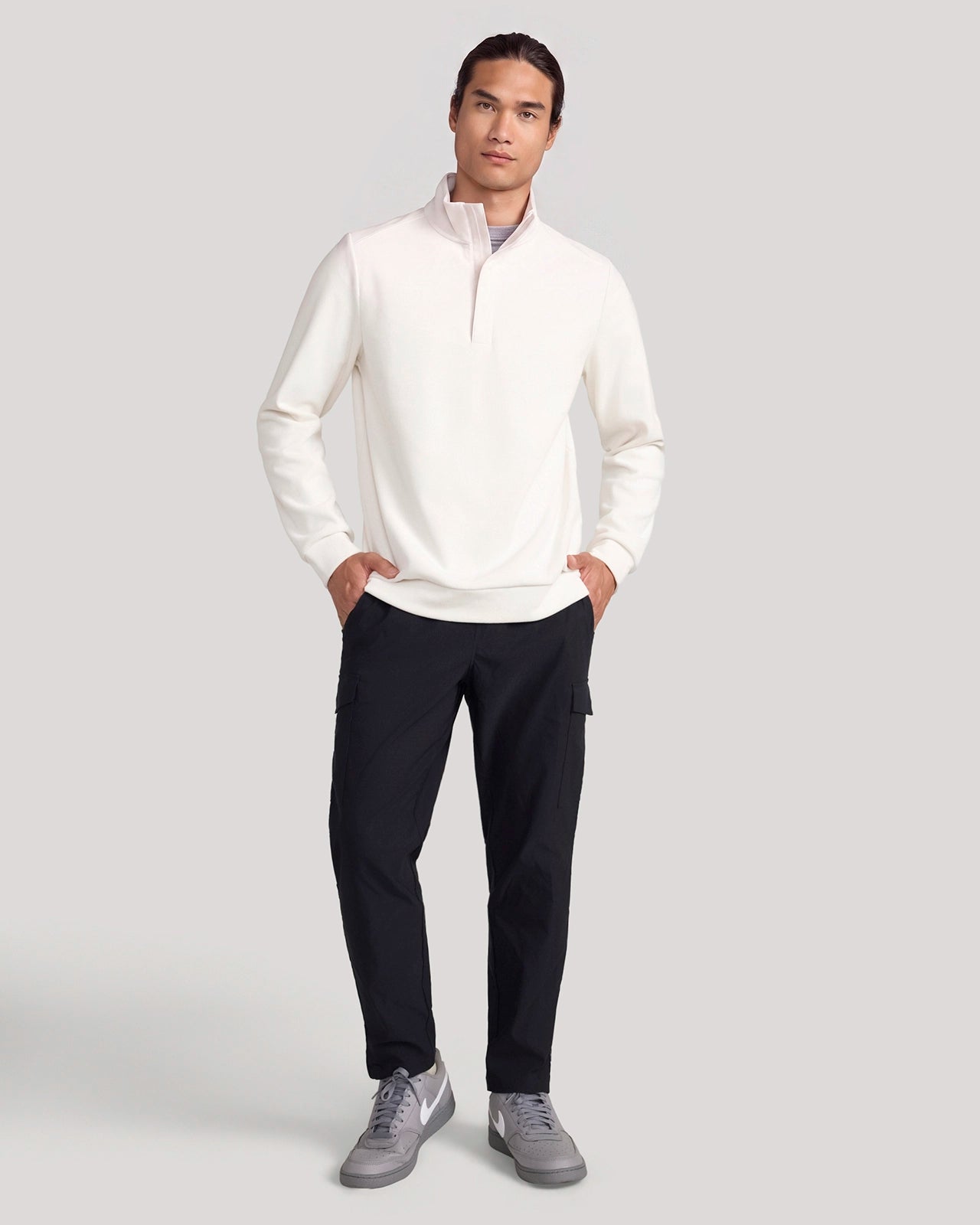 The Soft Luxe Twill Fleece Quarter-Zip Top - Beige White