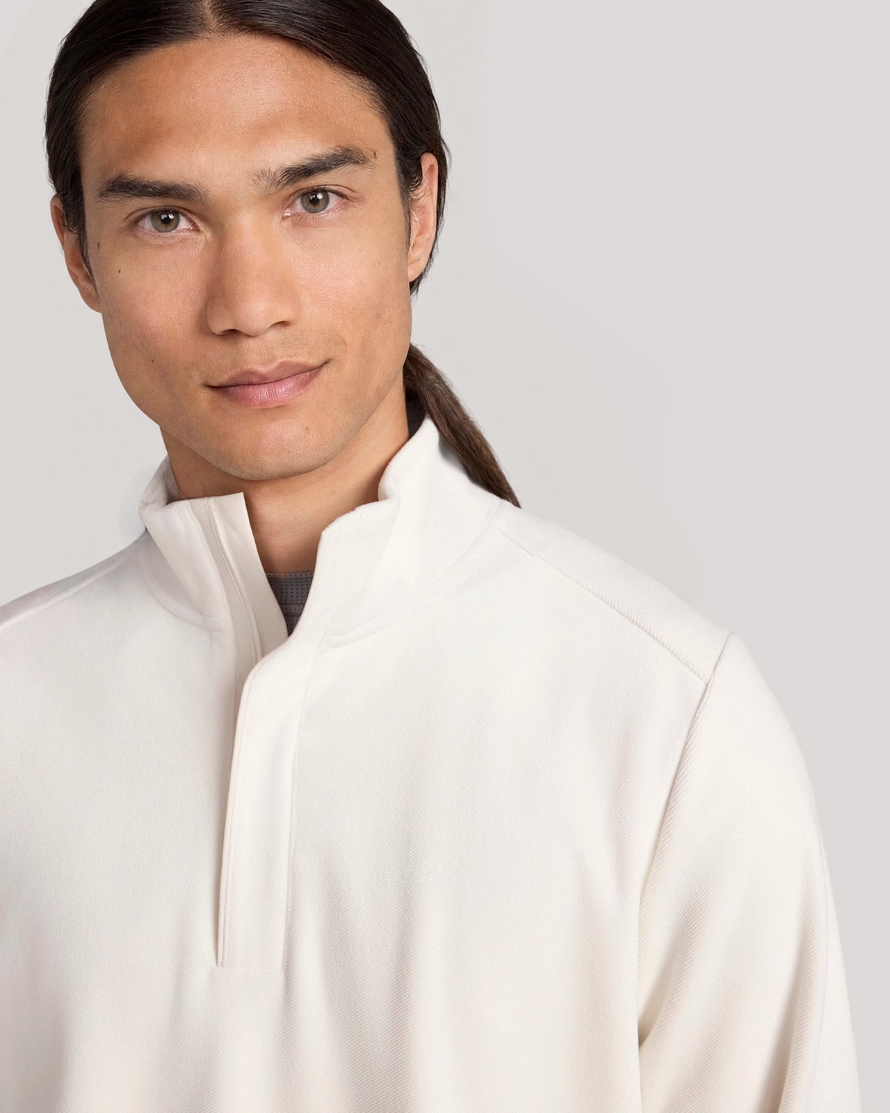 The Soft Luxe Twill Fleece Quarter-Zip Top - Beige White