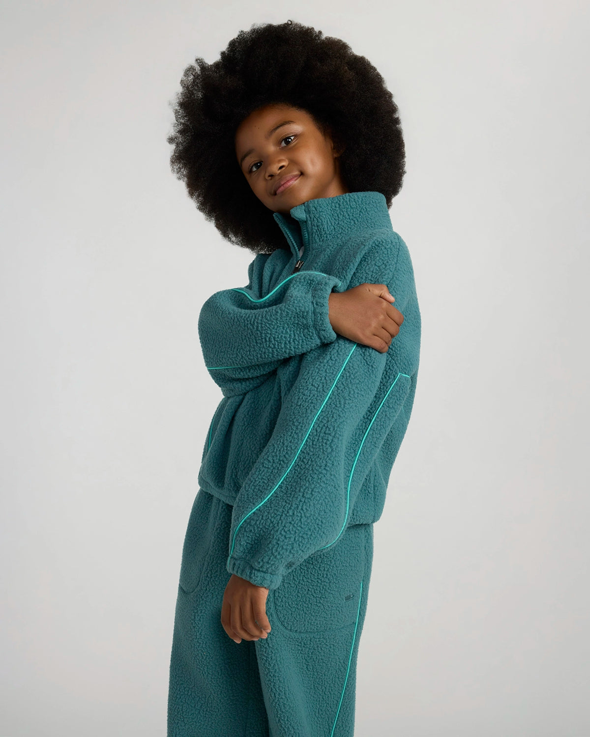 The Soft Luxe Berber Piping Quarter-Zip Top - Verdigris Green