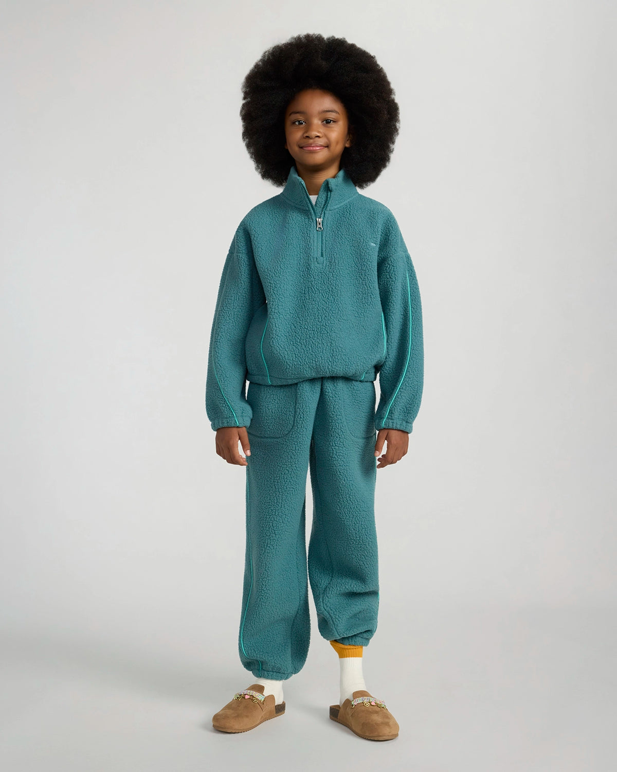The Soft Luxe Berber Piping Quarter-Zip Top - Verdigris Green
