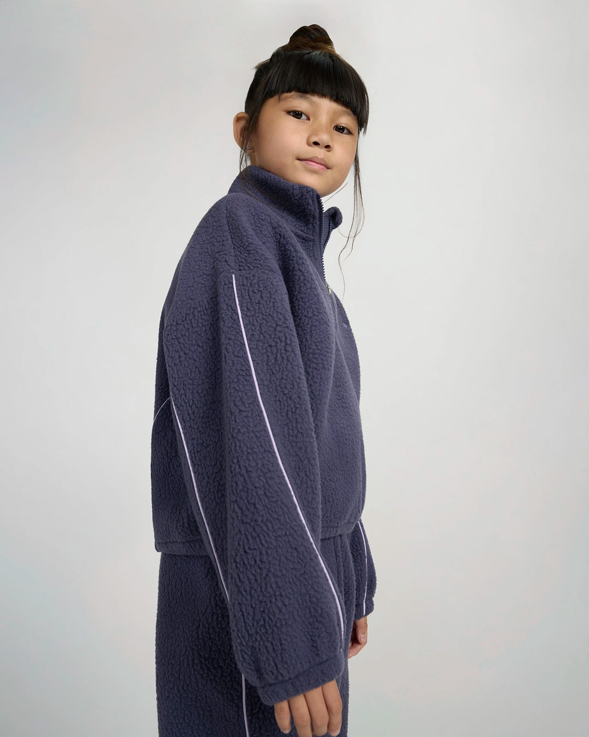 The Soft Luxe Berber Piping Quarter-Zip Top - Purplish Grey