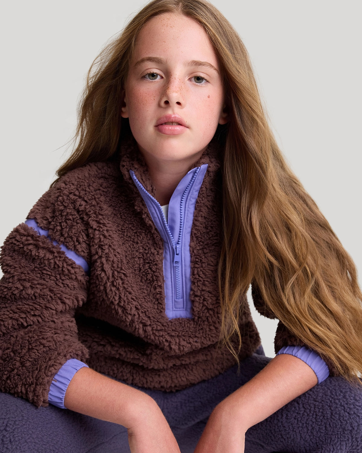 For general description, go to 'Main Product Description' region - The Soft Luxe Girls’ Berber Fleece Half Zip Top - Peppercorn Purple