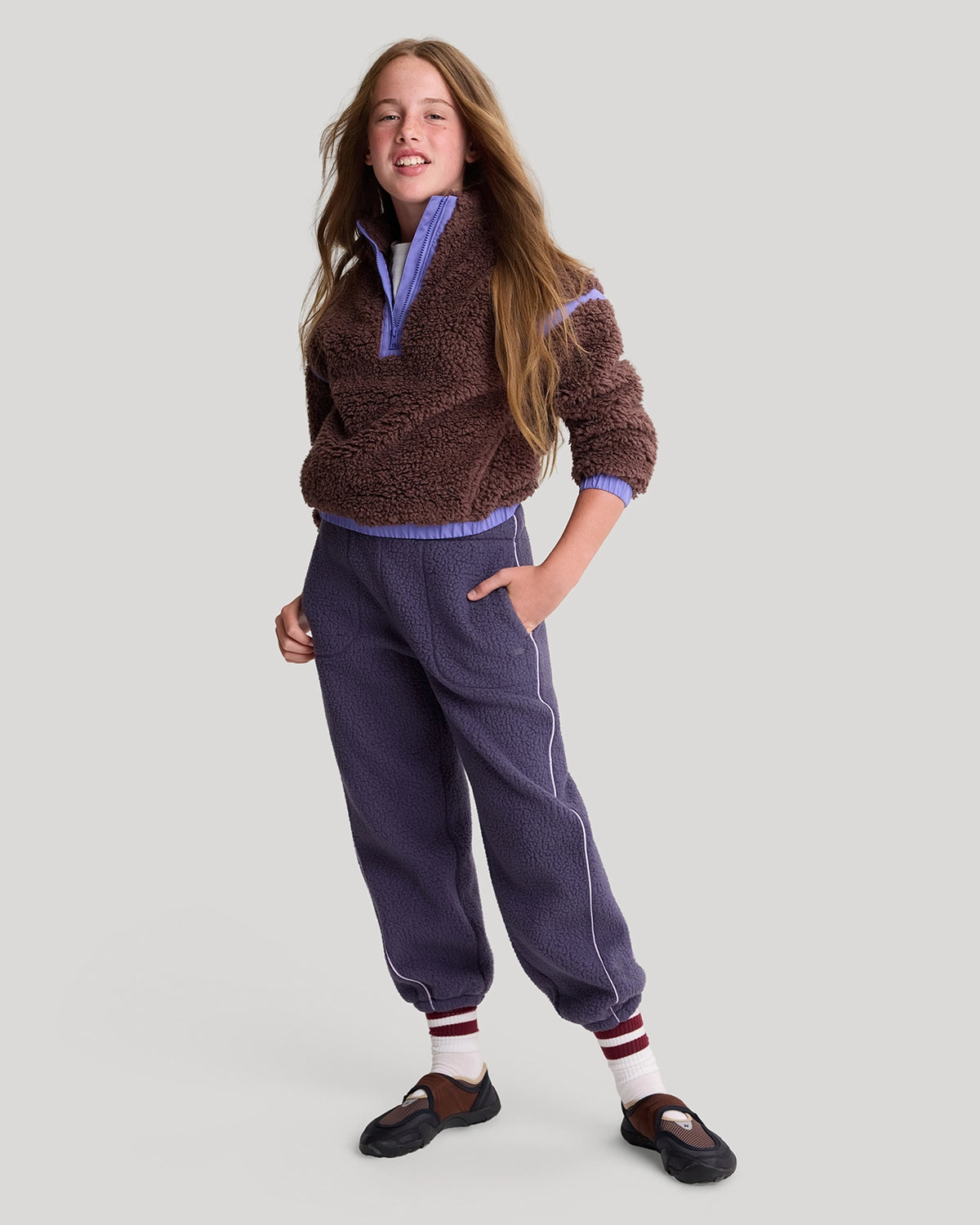 The Soft Luxe Girls’ Berber Fleece Half Zip Top - Peppercorn Purple