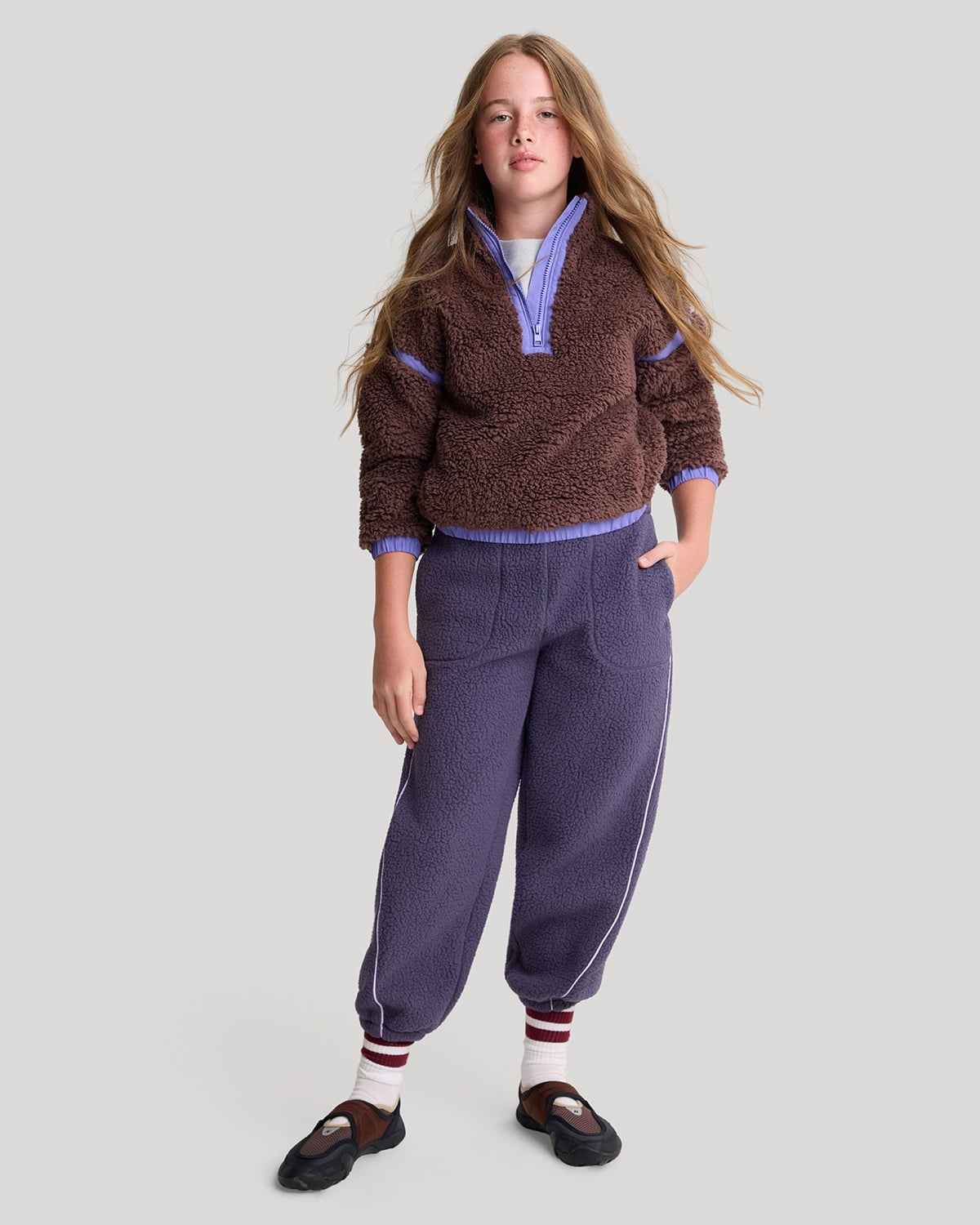 The Soft Luxe Girls’ Berber Fleece Half Zip Top - Peppercorn Purple