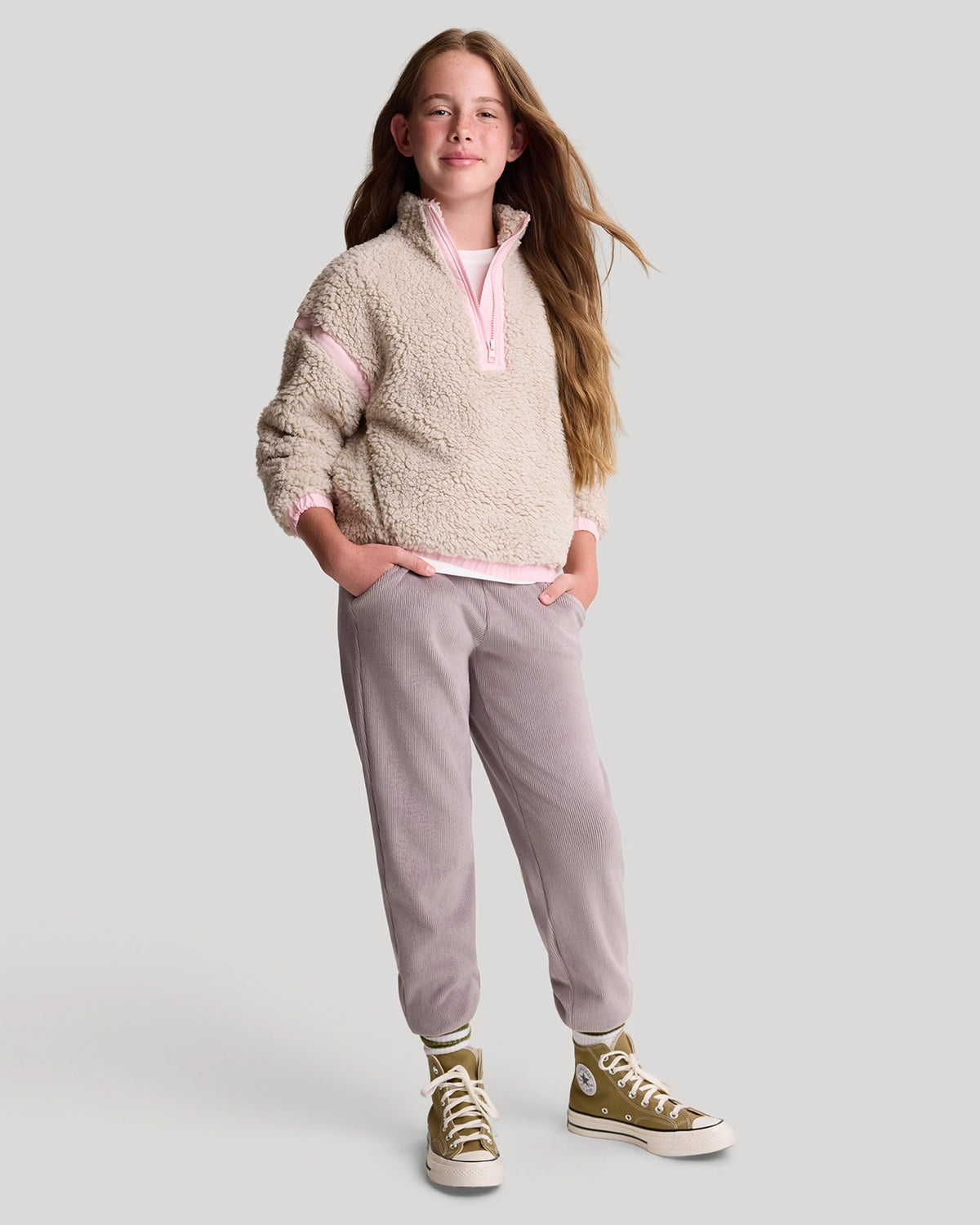 For general description, go to 'Main Product Description' region - The Soft Luxe Girls’ Berber Fleece Half Zip Top - Pumice Stone