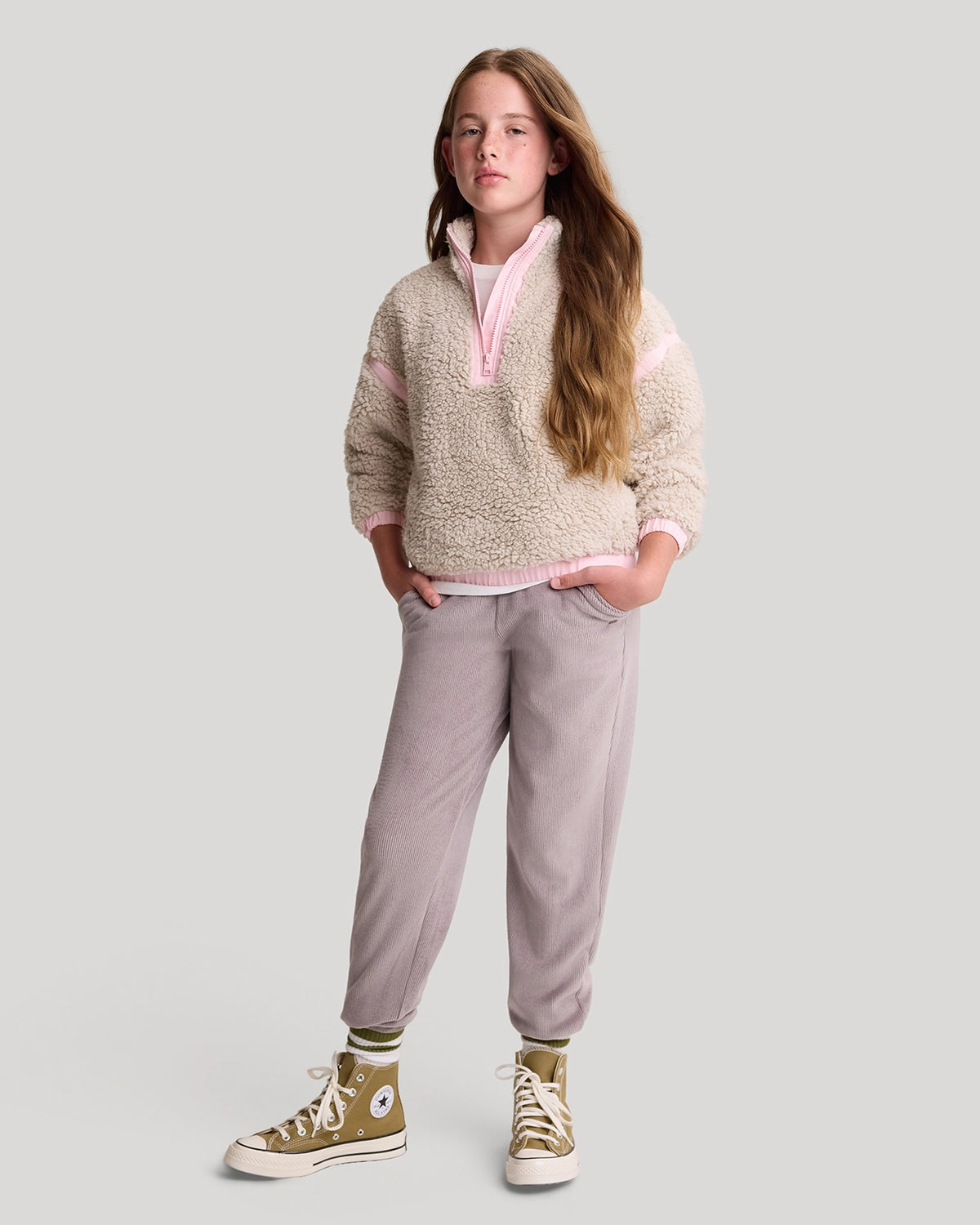 The Soft Luxe Girls’ Berber Fleece Half Zip Top - Pumice Stone