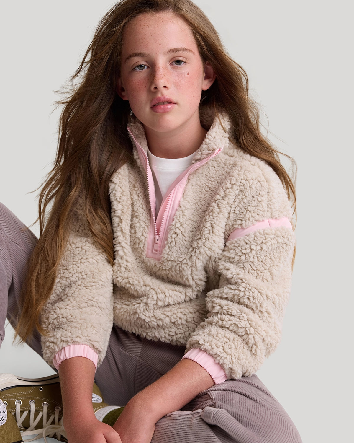The Soft Luxe Girls’ Berber Fleece Half Zip Top - Pumice Stone