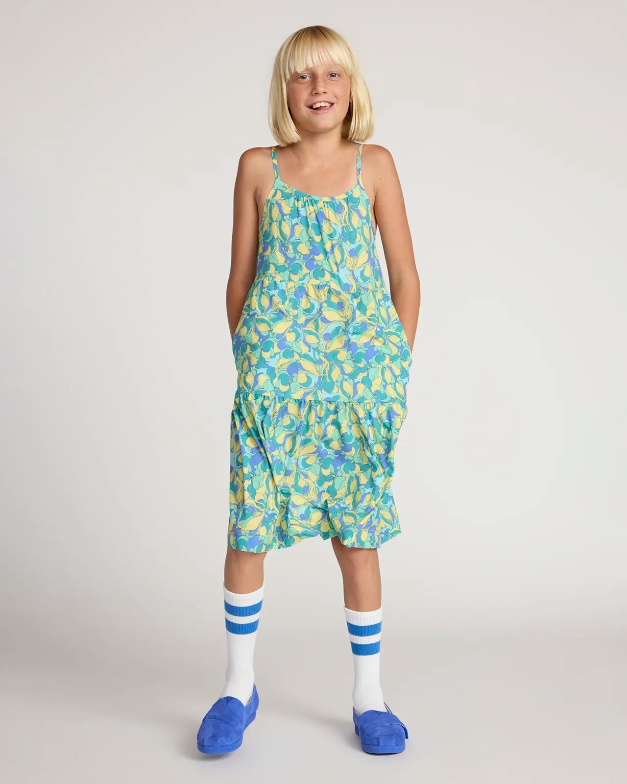Girl's Three Tier Dress - Floral Print Yellow