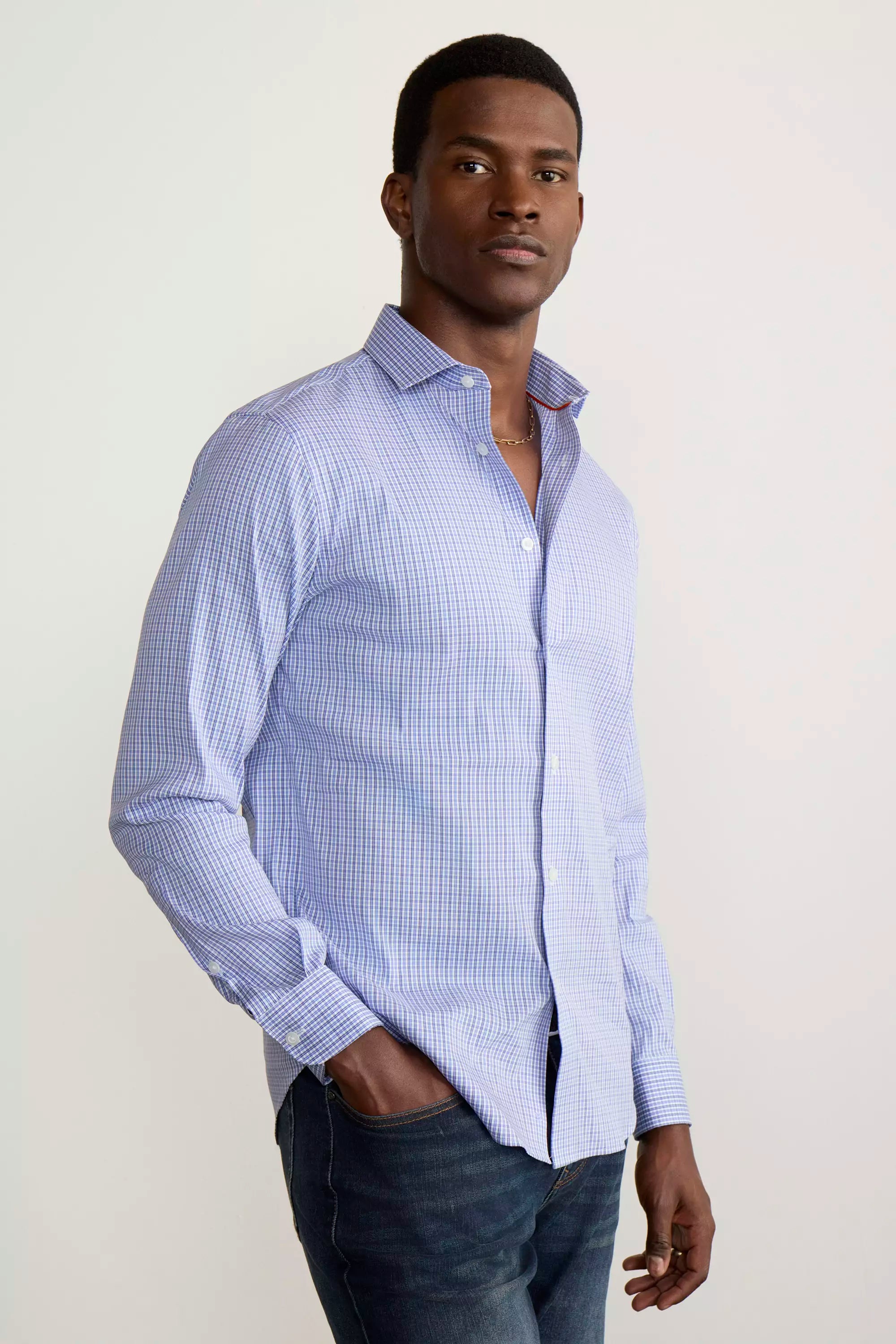 PerformLuxe Cotton Nylon Poplin Slim-Fit Shirt - Blue Dupplin Check