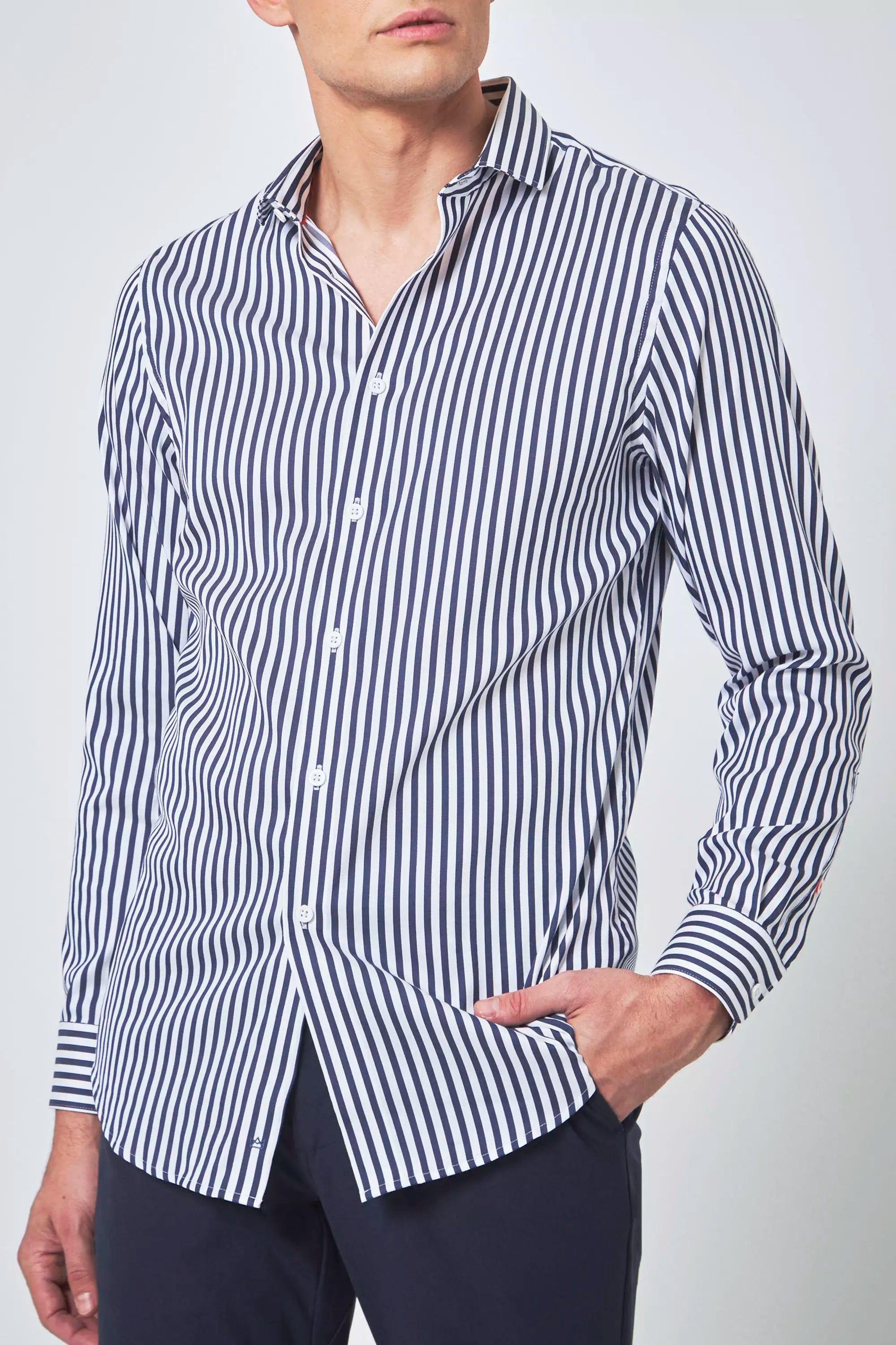 PerformLuxe Cotton Nylon Stripe Standard-Fit Shirt - Navy/Stripe