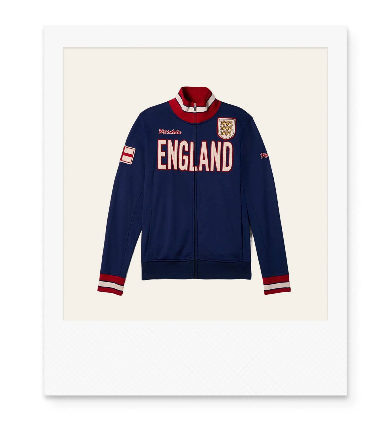 Navy blue track jacket with 'England' across the chest and the flag of England arm patch.