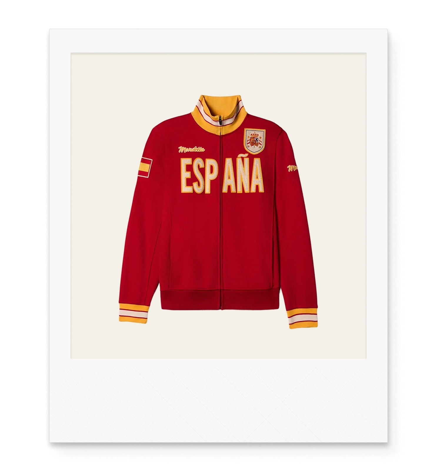 Red zipper track jacket with yellow cuffs and collar with 'ESPAÑA' across the chest and the Spanish flag on the arm patch.