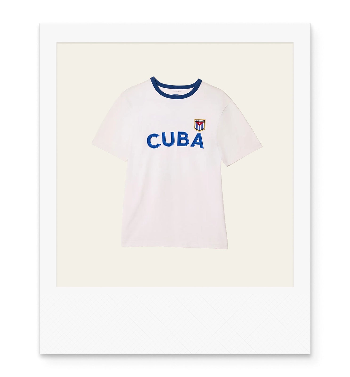 White ringer t-shirt with navy collar trim and 'CUBA' text and emblem on the chest.