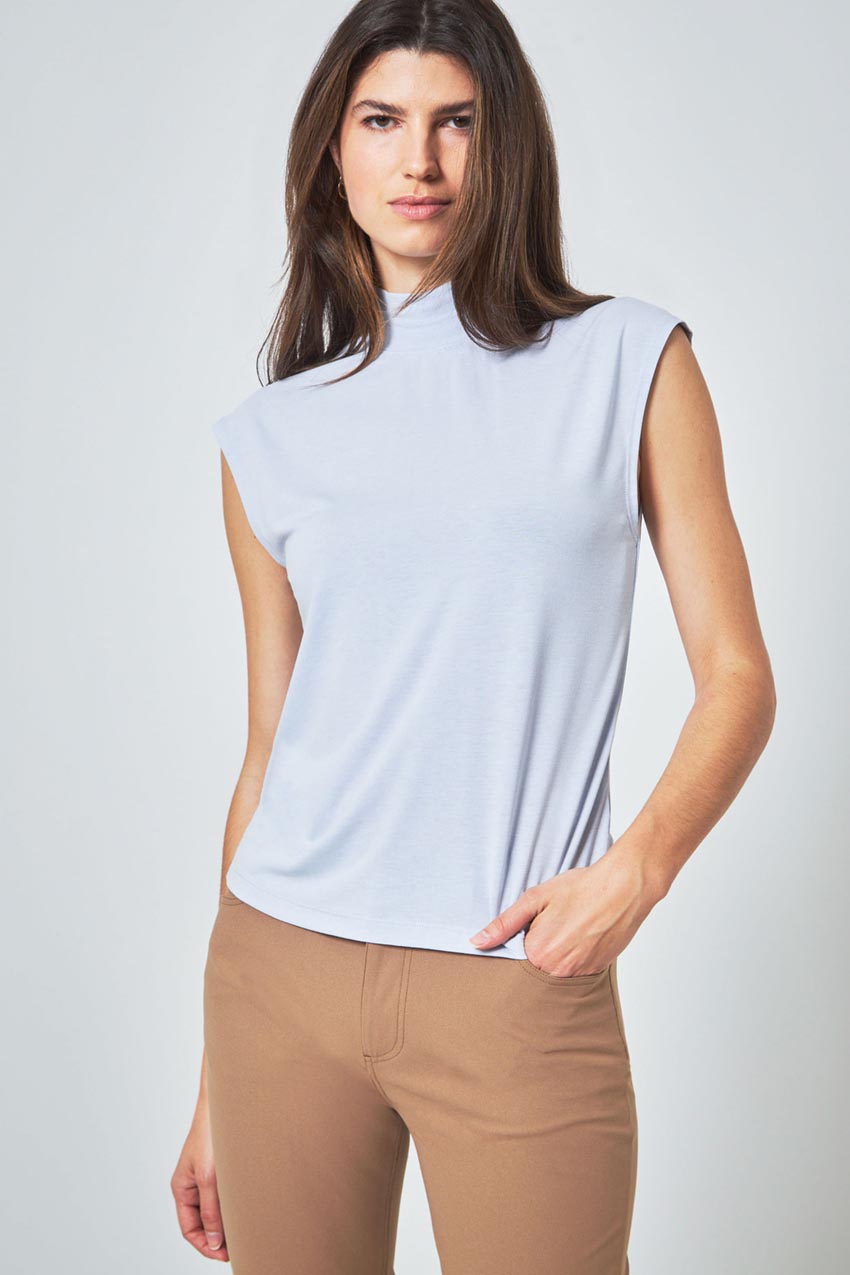 Modern Ambition Expression Sleeveless Mock Neck Top in Halogen Blue