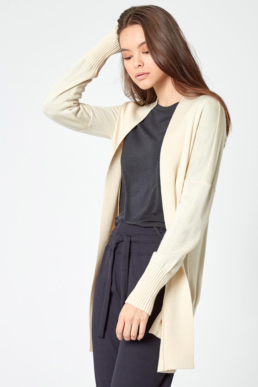 Modern Ambition work-ready women's Establish Sustainable Merino Wool Open Front Cardigan in Light Camel