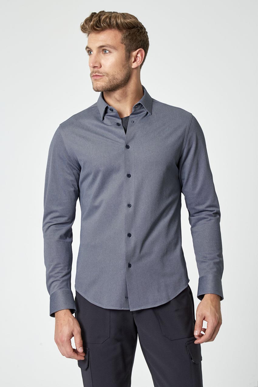 Modern Ambition work-ready men's Résumé FlexWarp Knit Standard-Fit Shirt in Htr Navy Sky