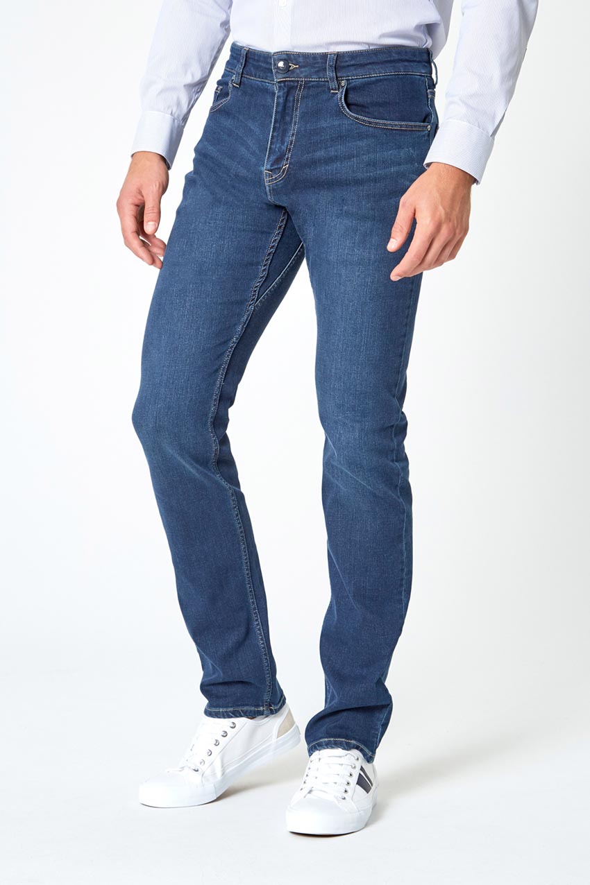 Modern Ambition work-ready men's PerformFit Navigate Slim Washed Indigo Jeans in Washed Indigo